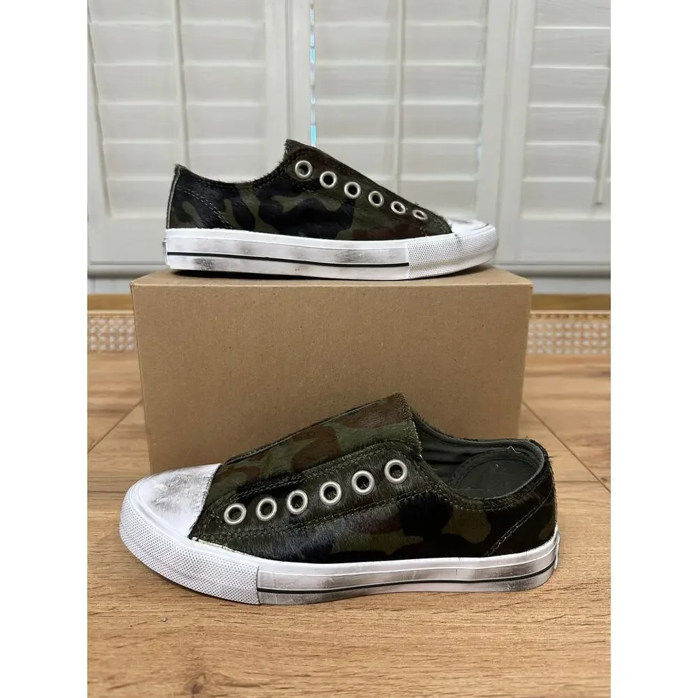 Naughty Monkey Shalomar Sneaker Camo Leather 100% Pony Hair Sz 6 NWOB Distressed